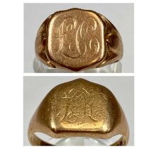 TWO 9CT GOLD SIGNET RINGS, a rose gold example engraved with monogram, Birmingham 1912 and a