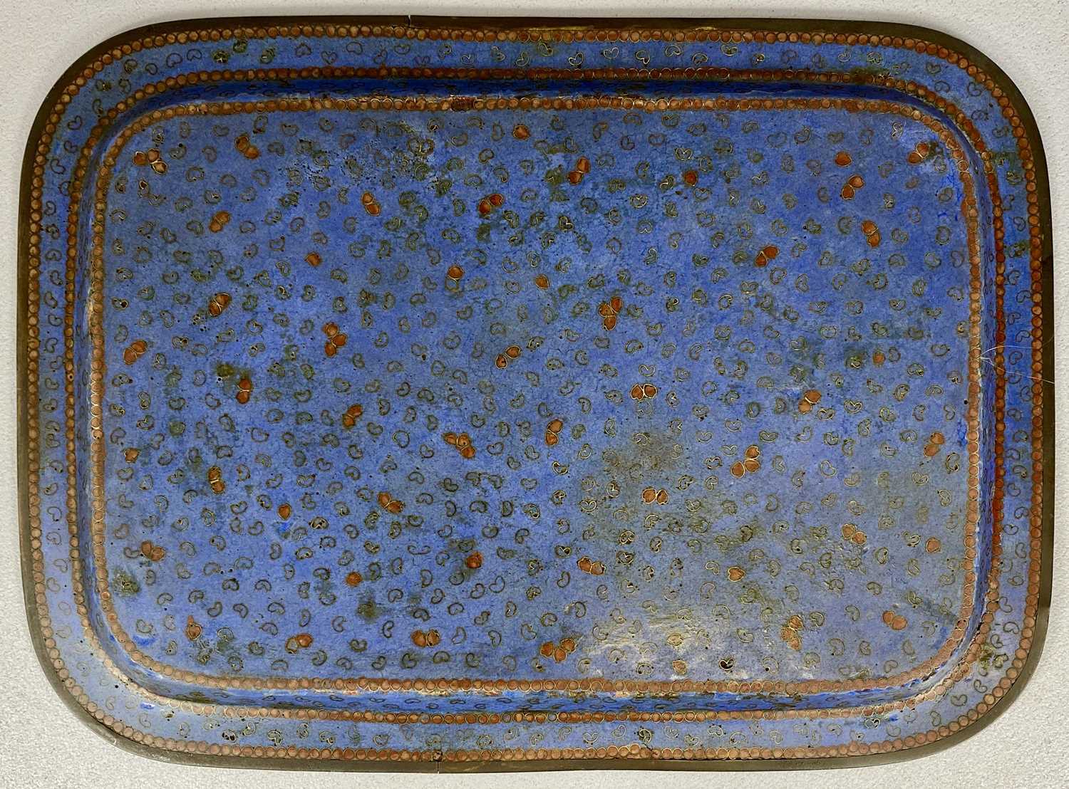 19TH CENTURY CHINESE CLOISONNE TRAY, rectangular with rounded corners, decorated with flowering