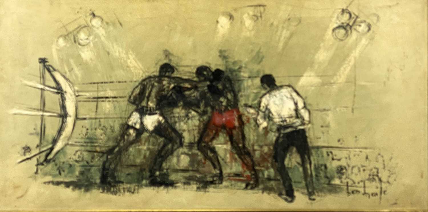 BEN MAILE (British 1922-2017) oil on canvas - boxers and umpire in ring, signed lower right, 50 x