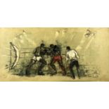 BEN MAILE (British 1922-2017) oil on canvas - boxers and umpire in ring, signed lower right, 50 x