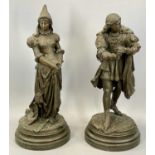 PAIR OF LATE 19TH CENTURY SPELTER FIGURES of medieval lady and gentleman on circular plinths,