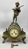 SPELTER & ALABASTER MANTEL CLOCK, surmounted with figure of a huntsman, circular dial decorated with