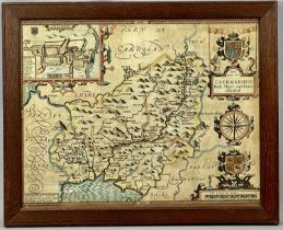 JOHN SPEEDE HAND COLOURED ENGRAVED MAP circa 1610, Caermarden, including town plan, double sided, 39