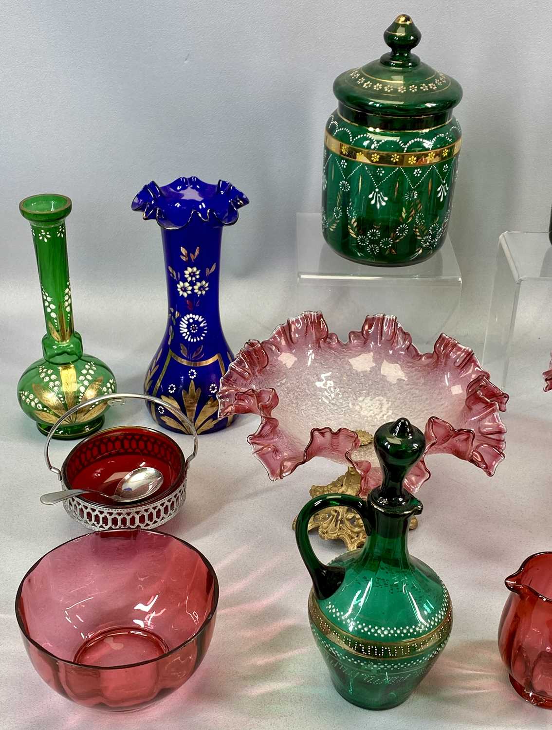 VICTORIAN & LATER COLOURED GLASSWARE including ruby glass jug and bowl, Mary Gregory type lidded - Image 3 of 3