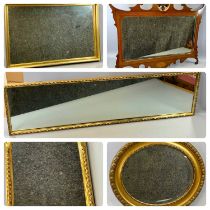GROUP OF WALL MIRRORS, rectangular mahogany framed overmantel with shell inlaid surmount, 73 x