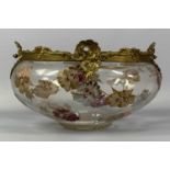 CONTINENTAL OVAL GLASS BOWL with Rococo form gilt metal mounts, enamel painted decoration of