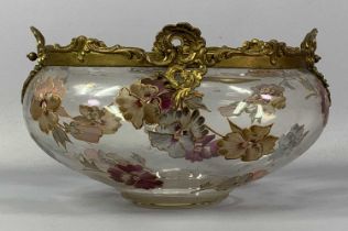 CONTINENTAL OVAL GLASS BOWL with Rococo form gilt metal mounts, enamel painted decoration of