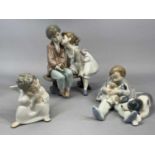 THREE LLADRO FIGURES, 1995 anniversary figure no. 7635, boy and girl on bench, 20cms (h), young