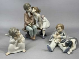 THREE LLADRO FIGURES, 1995 anniversary figure no. 7635, boy and girl on bench, 20cms (h), young