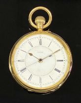 VICTORIAN 18CT GOLD CENTRE SECONDS CHRONOGRAPH LEVER POCKET WATCH, the dial with Roman numerals,