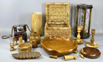 WOODEN & OTHER COLLECTABLES including turned candlesticks, cased vintage Kodak Retinette camera, ETC