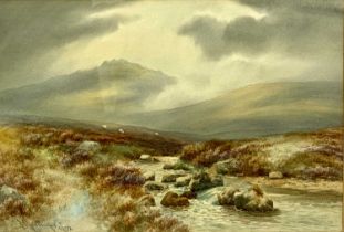 J MORTIMER watercolour - mountains and river with sheep, signed and dated 1922 lower left, 35.5 x