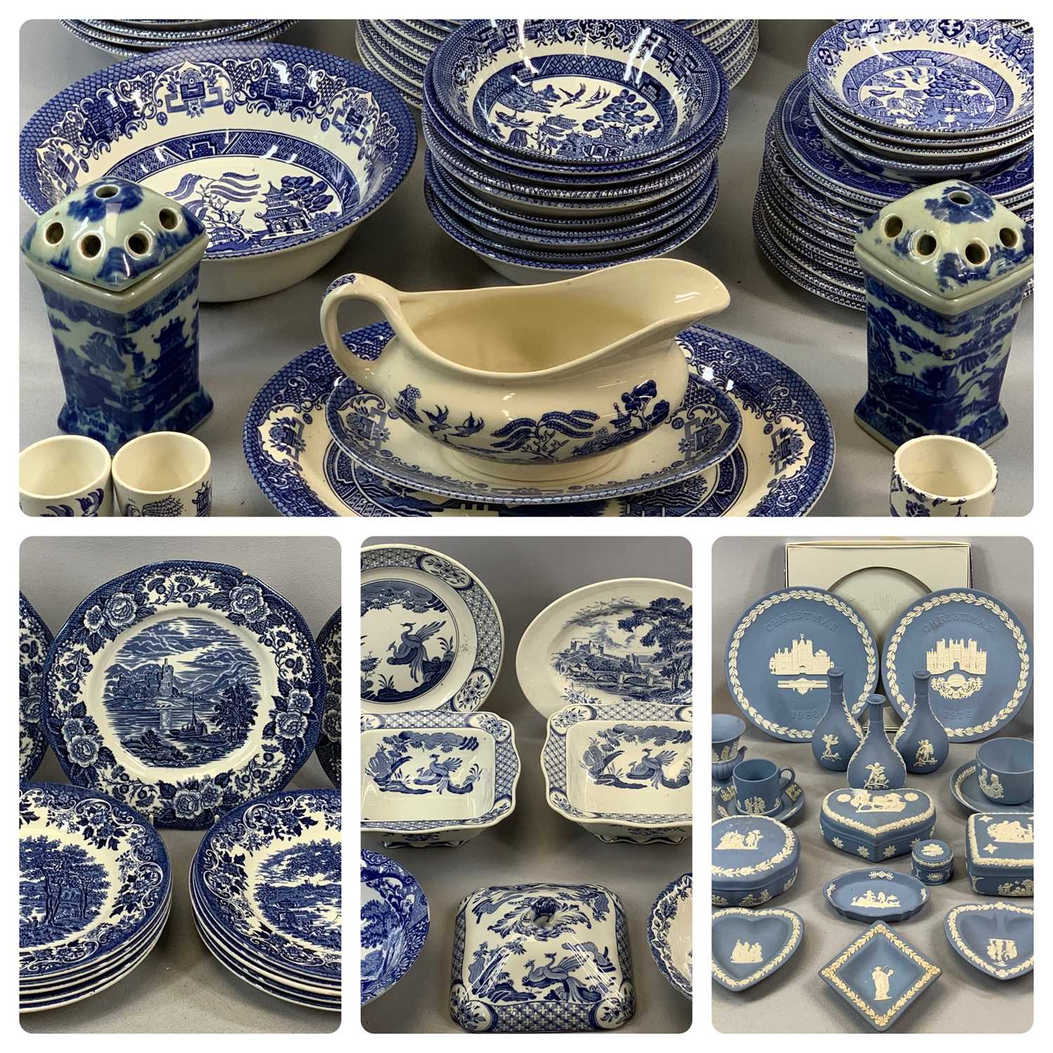 GROUP OF STAFFORDSHIRE POTTERY including Wedgwood blue Jasperware of jugs, plates, posy vases,