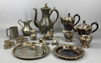 GROUP OF MIXED SILVER PLATED ITEMS including circular four piece tea service, two circular trays,