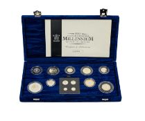 ELIZABETH II ROYAL MINT MILLENIUM PROOF COIN SET, 2000, thirteen encapsulated coins from five pounds