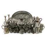 ASSORTED EPNS & PEWTER, including pair candlesticks, tea and coffee pot, claret jug, tankards,