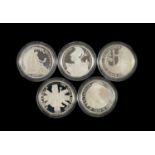 FIVE SILVER BRITANNIA ONE OUNCE TWO-POUNDS COINS, 2007, 2008, 2010, 2011, 2015, all encapsulated (5)