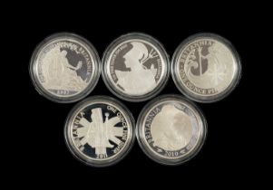 FIVE SILVER BRITANNIA ONE OUNCE TWO-POUNDS COINS, 2007, 2008, 2010, 2011, 2015, all encapsulated (5)