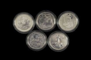FIVE SILVER BRITANNIA ONE OUNCE TWO-POUNDS COINS, 1997, 1998, 2001, 2003, 2005 all encapsulated (