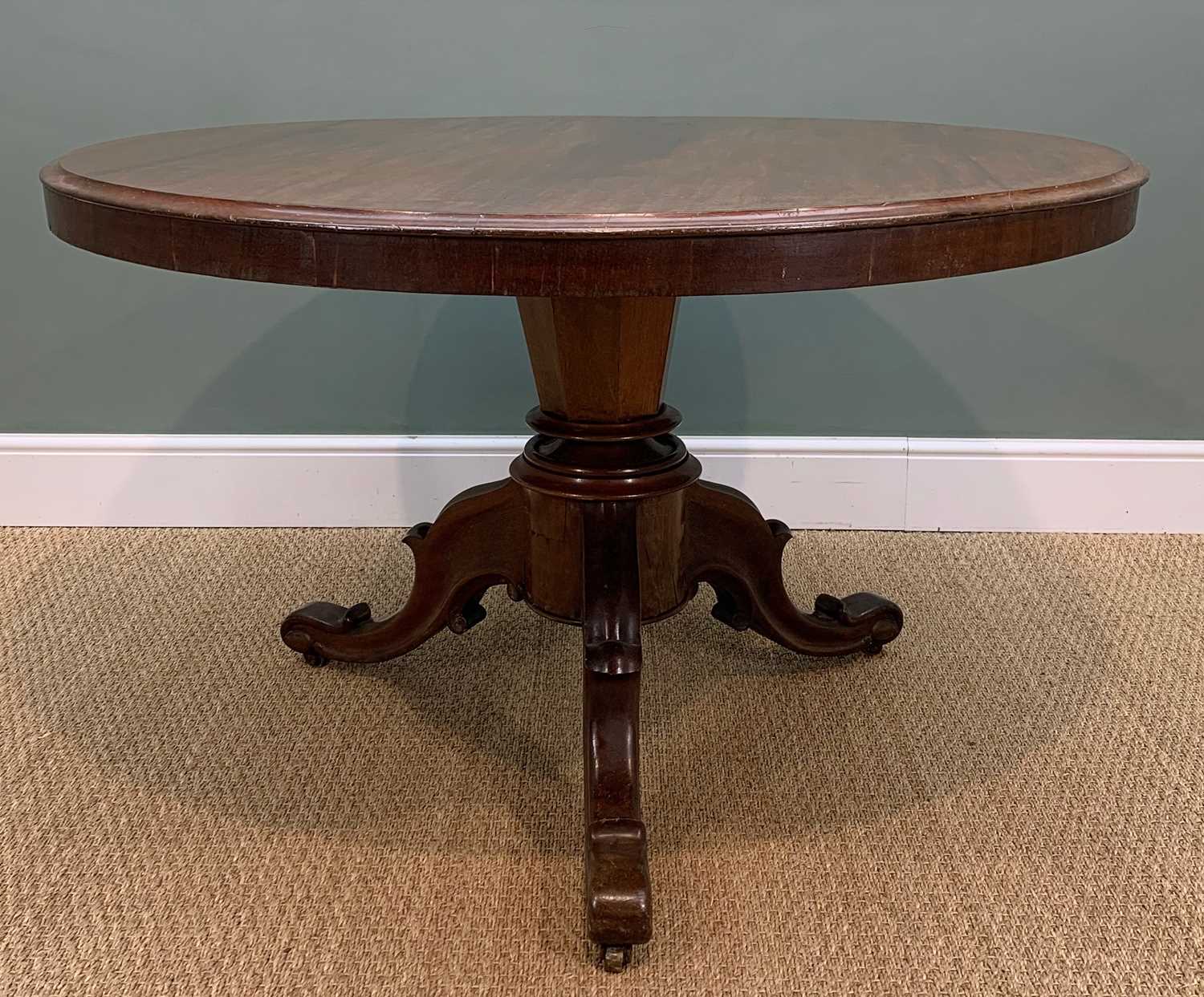 EARLY VICTORIAN MAHOGANY BREAKFAST TABLE, circular tilt-top, tapering octagonal column on three - Image 3 of 6