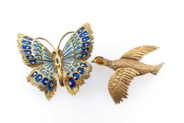 TWO GOLD BROOCHES comprising a 9ct gold grouse brooch and a 15ct gold butterfly brooch, 12.4gms