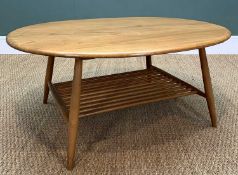 MID-CENTURY ERCOL 454 SUPPER TABLE solid elm and beech, semi-oval occaisional table, storage rack