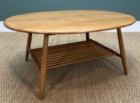 MID-CENTURY ERCOL 454 SUPPER TABLE solid elm and beech, semi-oval occaisional table, storage rack