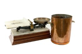 LARGE DAIRY SCALE & COPPER POT, dairy/cheese scale with square ironstone plate, marble and wooden