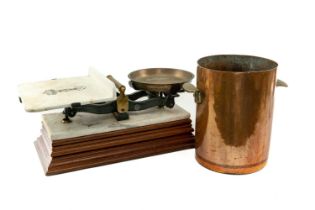 LARGE DAIRY SCALE & COPPER POT, dairy/cheese scale with square ironstone plate, marble and wooden