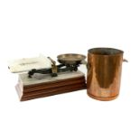 LARGE DAIRY SCALE & COPPER POT, dairy/cheese scale with square ironstone plate, marble and wooden