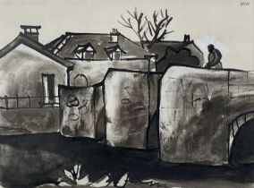 ‡ SIR KYFFIN WILLIAMS RA ink wash - entitled verso, 'Le Pont', signed with initials, 19 x 26cms