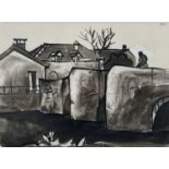 ‡ SIR KYFFIN WILLIAMS RA ink wash - entitled verso, 'Le Pont', signed with initials, 19 x 26cms