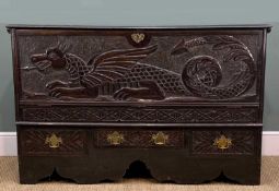 ANTIQUE OAK 'WELSH DRAGON' MULE CHEST, later carved recumbent Welsh dragon to front, upper converted