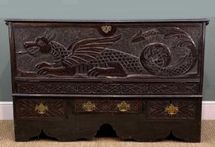 ANTIQUE OAK 'WELSH DRAGON' MULE CHEST, later carved recumbent Welsh dragon to front, upper converted