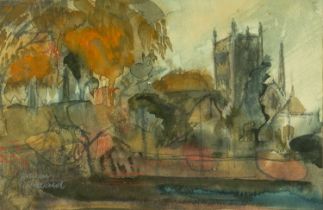 GWILYM PRICHARD (Welsh 1931-2015) mixed media - 'Hereford Cathedral', viewed from the river,