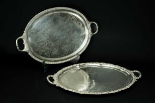 TWO 19TH C. ELECTROPLATED TEA TRAYS, oval form with twin handles, foliate decoration, one with
