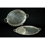 TWO 19TH C. ELECTROPLATED TEA TRAYS, oval form with twin handles, foliate decoration, one with