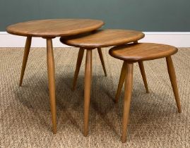 MID-CENTURY ERCOL WINDSOR 354 'PEBBLE' NEST OF TABLES, gold label, solid beech and elm Provenance: