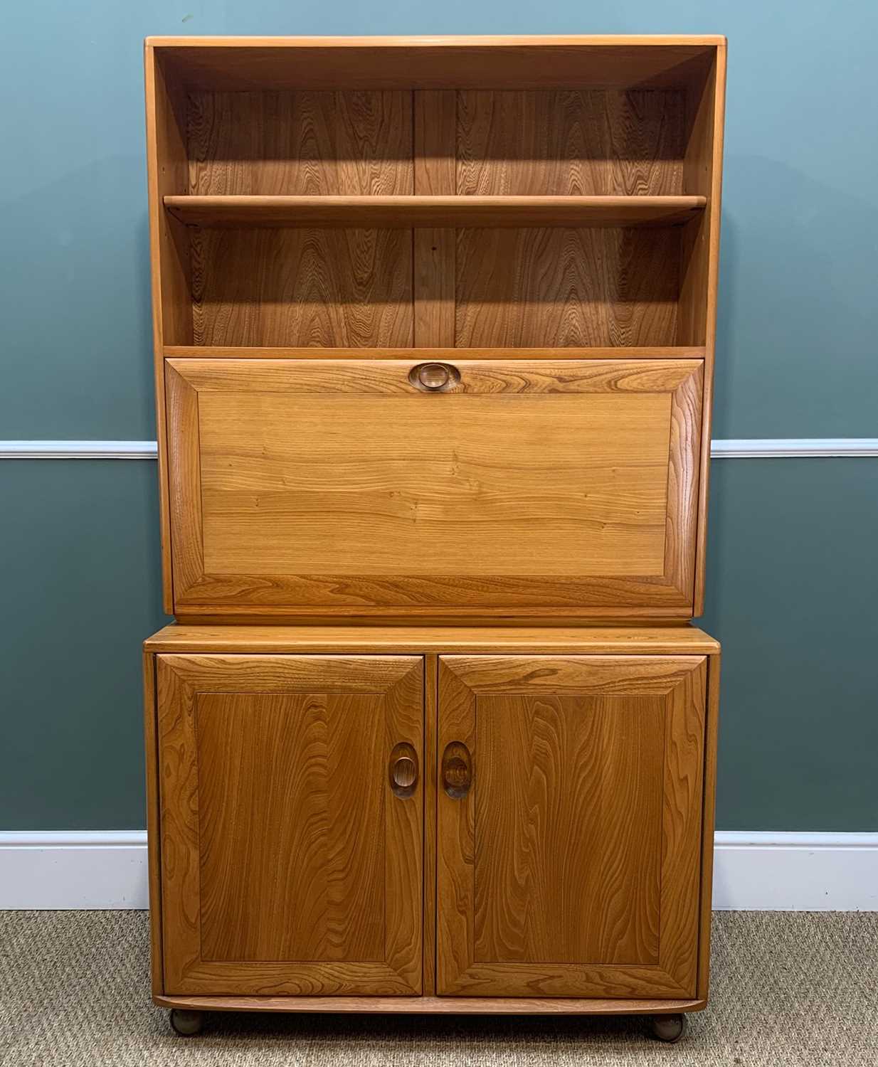 MID-CENTURY ERCOL BUREAU/DRINKS CABINET 802/813, gold label, solid elm and beech, natural colour, - Image 3 of 5