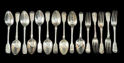 MIXED SETS OF 19TH C. SILVER FIDDLE PATTERN DESSERT SPOONS & FORKS, Mary Chawner, London 1836, set