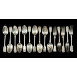 MIXED SETS OF 19TH C. SILVER FIDDLE PATTERN DESSERT SPOONS & FORKS, Mary Chawner, London 1836, set