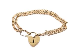 9CT GOLD BRACELET, of graduated curb link double row design, heart shaped padlock, 12.5gms