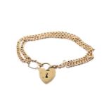 9CT GOLD BRACELET, of graduated curb link double row design, heart shaped padlock, 12.5gms