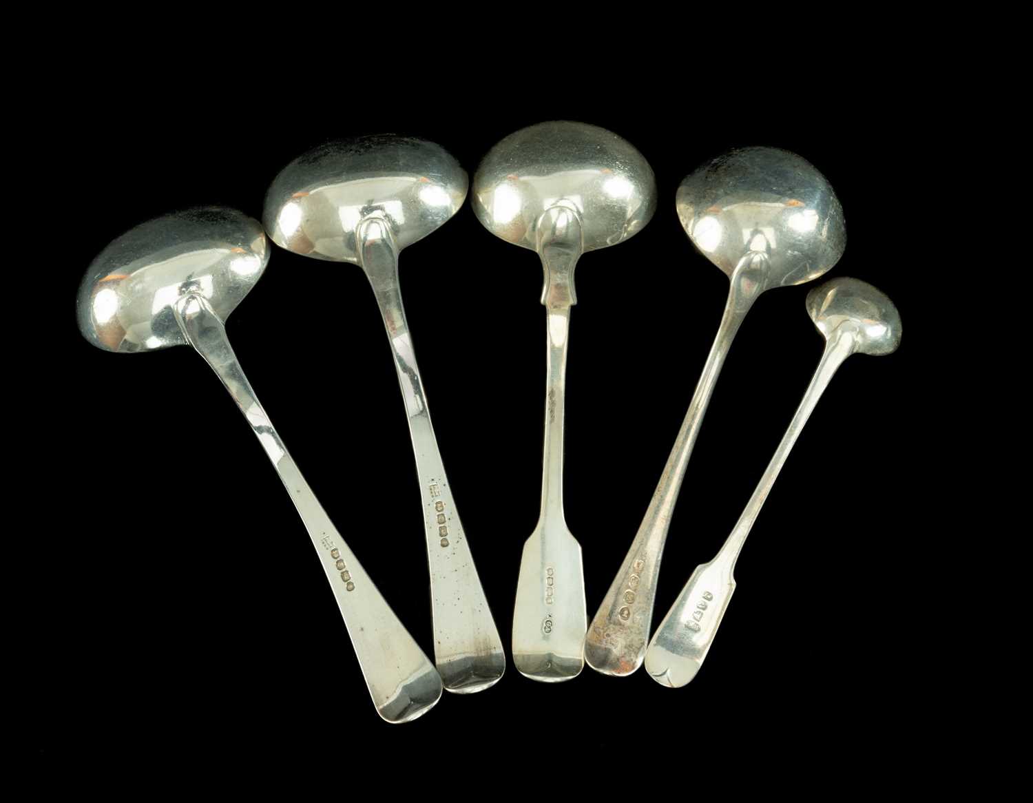 FIVE 19/20TH C. SILVER LADLES, various dates and makers, including pair George IV Old English - Image 2 of 2
