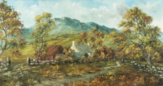 GWYNETH TOMOS (Welsh, 20th C.) oil on canvas - titled verso 'Farm, Pen y Groes, signed lower