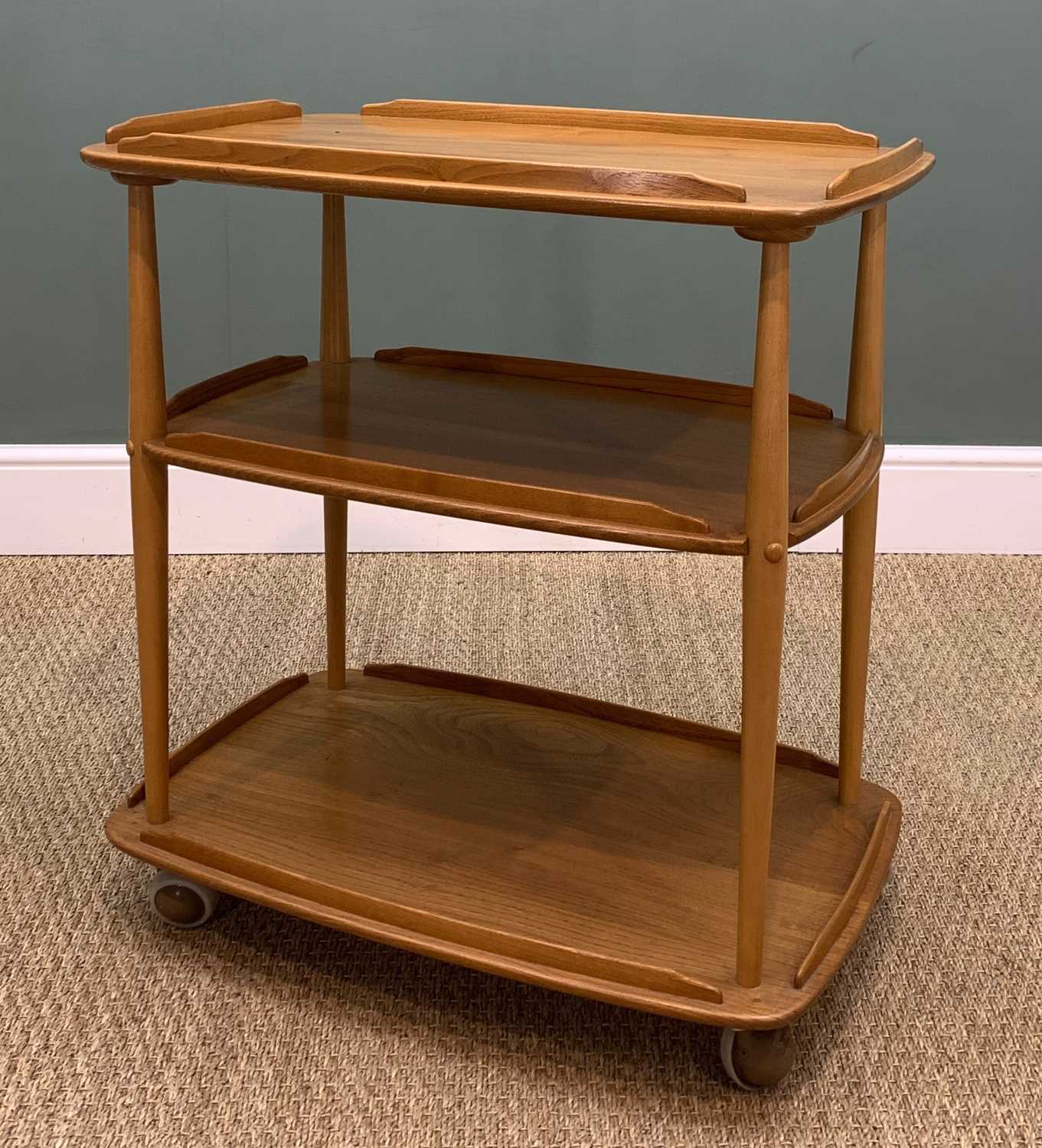 MID-CENTURY ERCOL 458 WINDSOR THREE TIER TROLLEY, gold label, solid elm and beech, natural colour, - Image 2 of 3