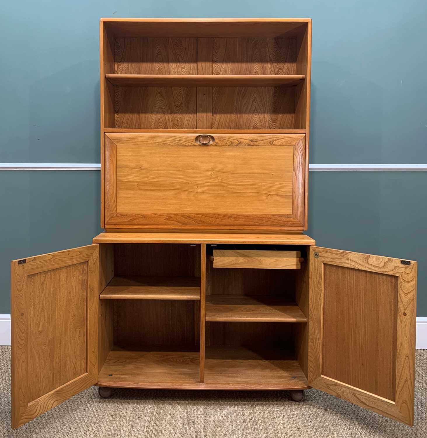 MID-CENTURY ERCOL BUREAU/DRINKS CABINET 802/813, gold label, solid elm and beech, natural colour, - Image 4 of 5