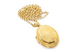 YELLOW METAL OVAL DOUBLE LOCKET PENDANT on 9ct gold circle link chain, 20.4gms, in box Provenance: