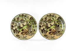 PAIR RARE ROYAL DOULTON MOTORING SERIES WILLOW PLATES, humourous motoring version of the traditional