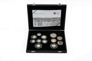 ELIZABETH II ROYAL MINT SILVER PROOF COIN SET, 2009, twelve encapsulated coins from five pounds to